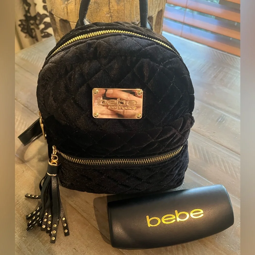bebe Black Quilted Velvet Mini Backpack with Gold Hardware - Picture 3 of 10